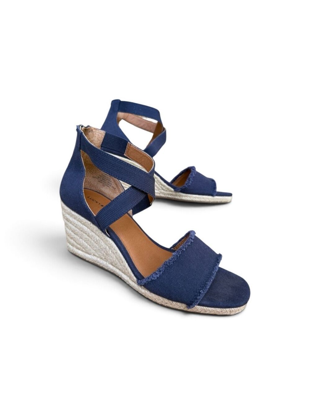 Lucky Brand Mindra Navy Blue Canvas Espadrille Wedge Sandals Boho Frayed Size 10